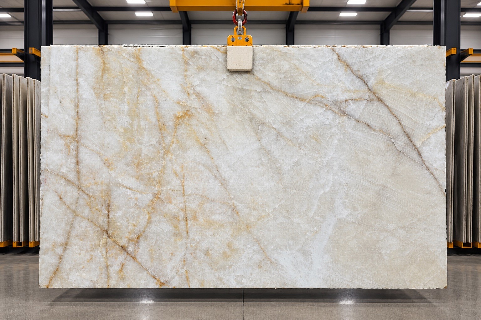 Full slab view of Cristallo Quartzite worktop with white tones and crystalline veining