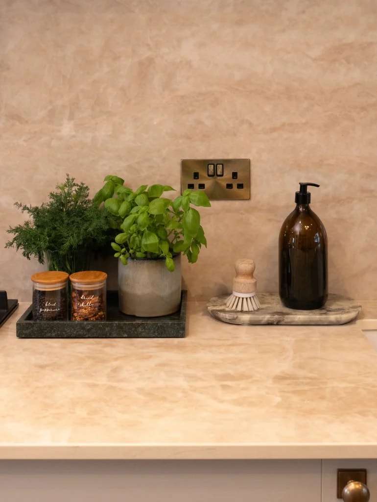 Close-up of the SINTERRA Crema worktop with plants and kitchen accessories