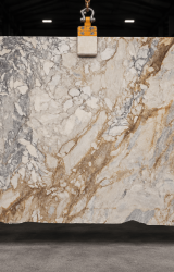 Arabescato Gold natural marble slab with white areas and grey and gold veining