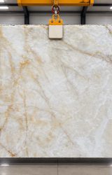 Full slab view of Cristallo Quartzite worktop with white tones and crystalline veining