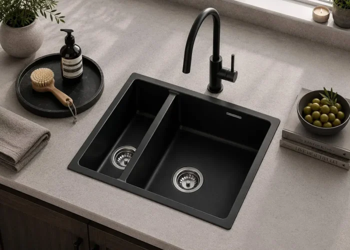 Lumen Stone Black undermount granite composite sink in black finish