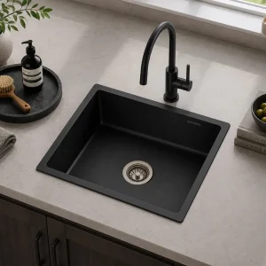 Lumen Terra Black undermount granite composite sink in black finish