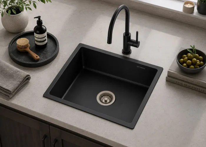 Lumen Terra Black undermount granite composite sink in black finish