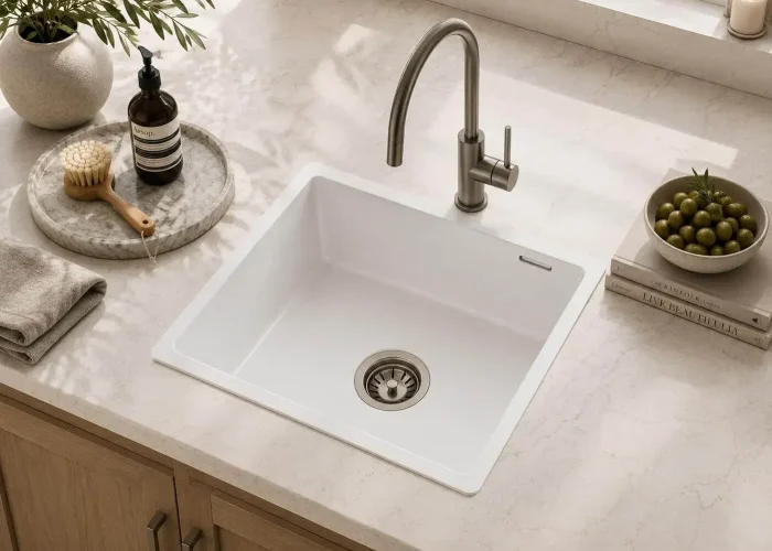 Lumen Terra White undermount granite composite sink in white finish
