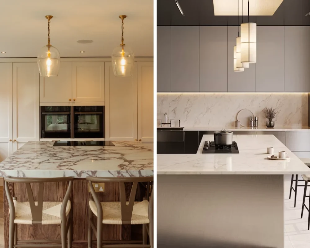 Elorā and ĒCLOS zero-silica worktop samples compared