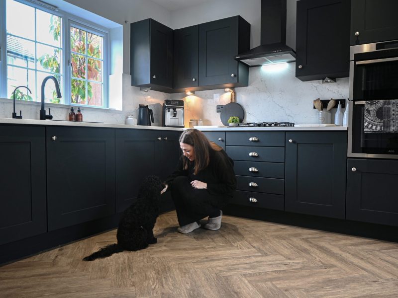 dog and woman near in modern kitchen with stone worktop
