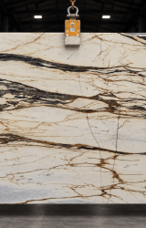 Calacatta Retro natural marble slab with creamy white background and bold charcoal veining