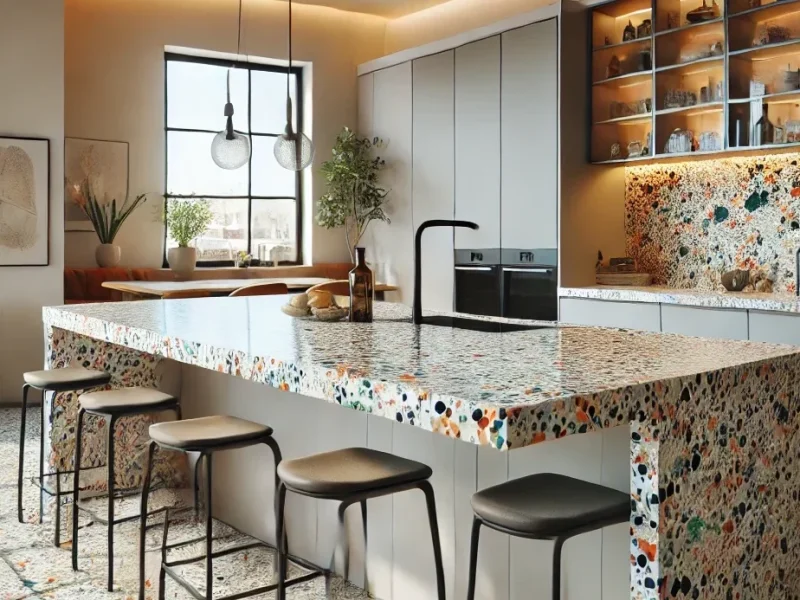 Contemporary kitchen with a terrazzo island and black breakfast bar stools